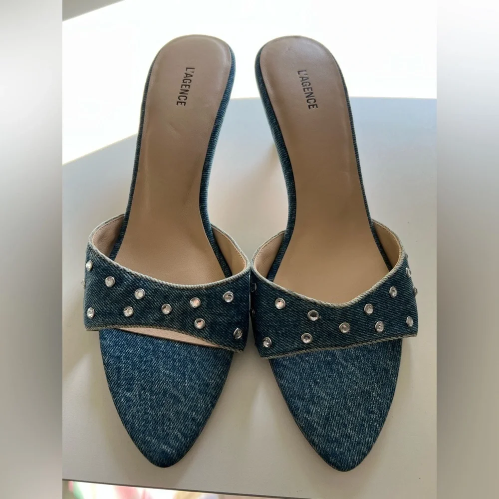 L’Agence Blue Denim Crystal Studded Mule Heels Size 9